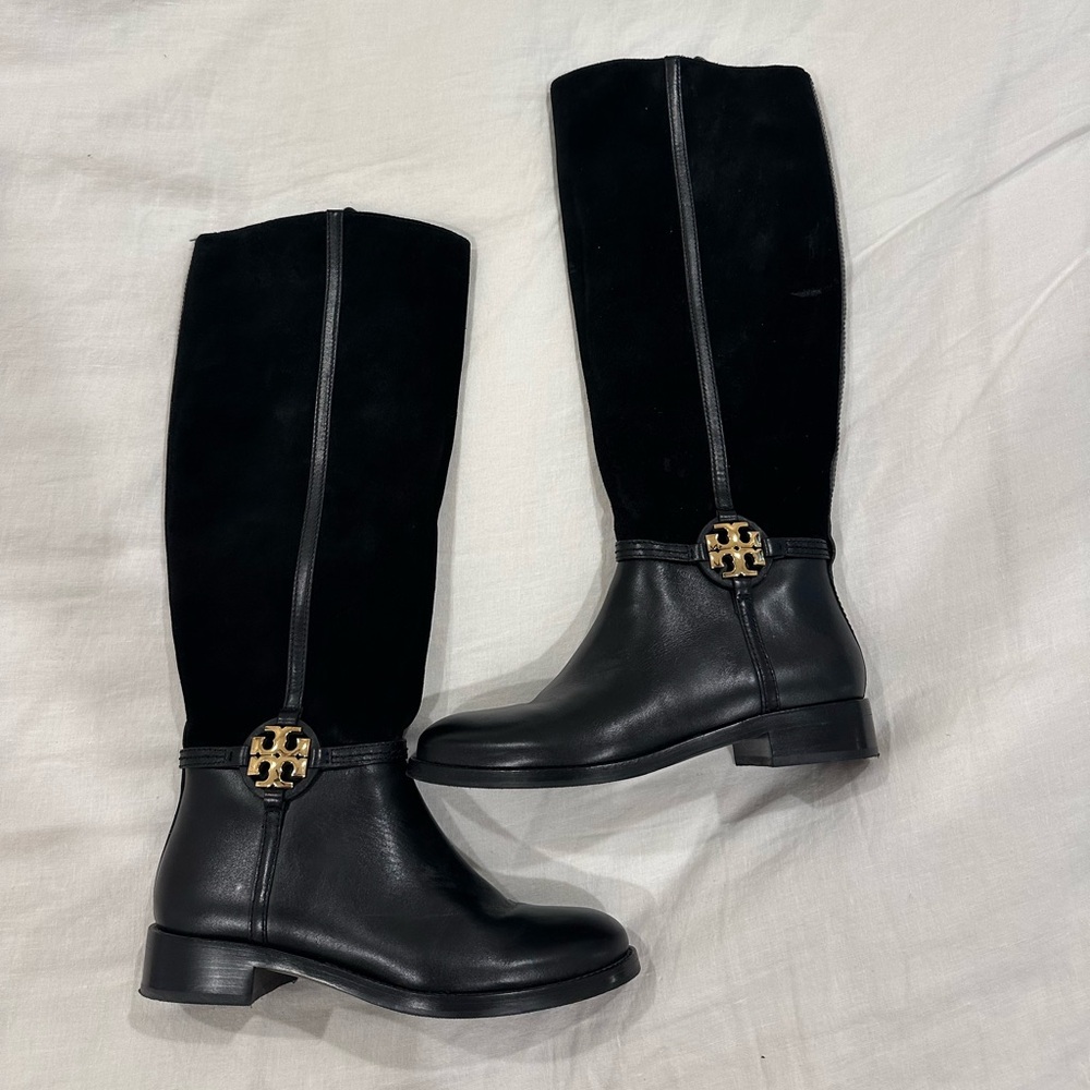 Tory Burch Black Over the Knee Boots with Gold Detail